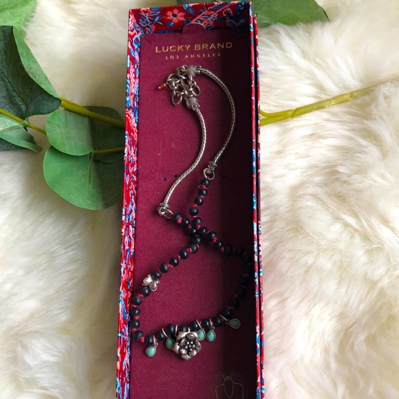 Lucky Brand Necklace With Silver Rose, Black Beads & Turquoise Accents - Picture 2 of 6